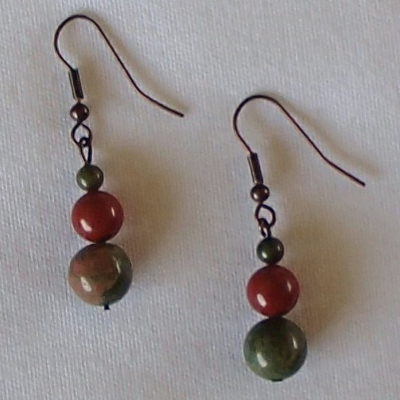 Jasper Unakite Copper Necklace Earrings Set Overlapping Discs Beads Flower Clasp - Picture 11 of 11